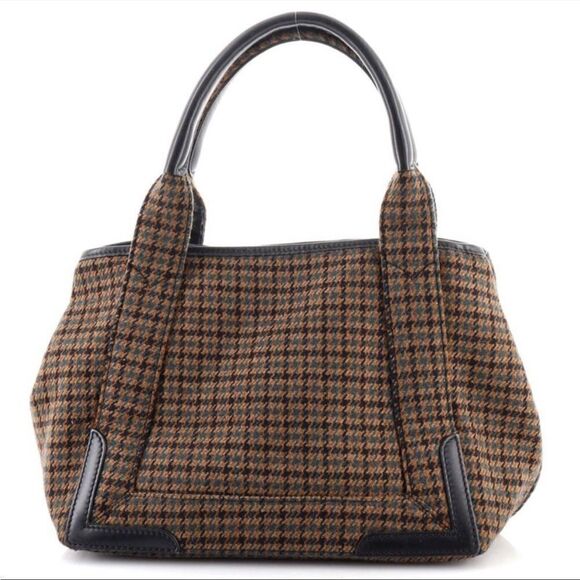 BALENCIAGA Brown Tweed Plaid Handbag Purse Brown Navy Cabas Satchel - Picture 4 of 9